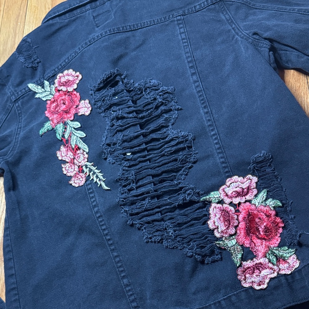 One 5 One Jacket Black Denim Distressed Jacket Pink Floral Embroidery M